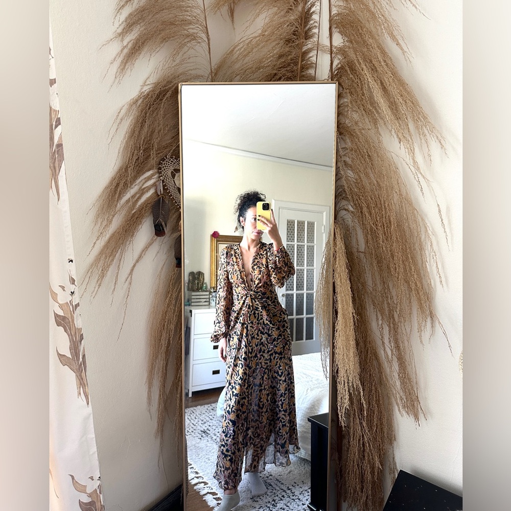 Zara black and gold knot-front ruched maxi dress with a paisley prin